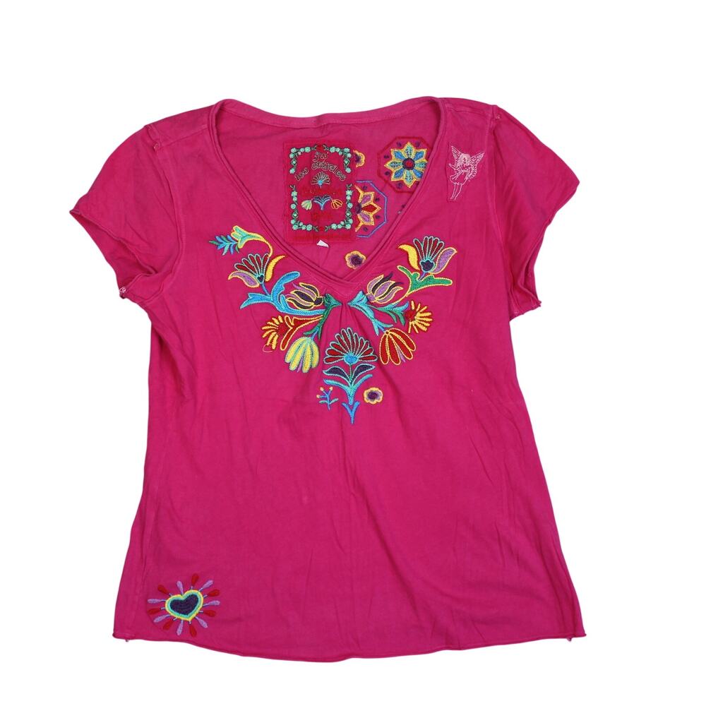 Johnny Was Top Womens Large Pink Embroidered Floral Boho Short Sleeve JW